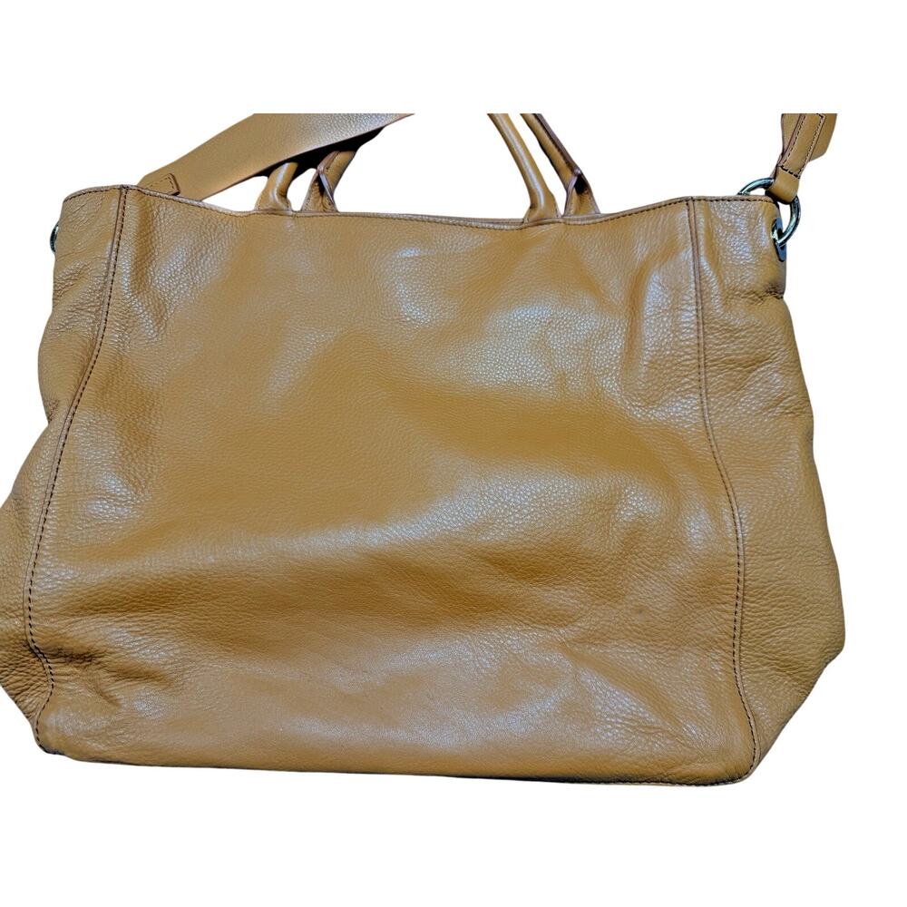 Mark Graham Camel Tan Pebbled Leather Tote Crossbody Bag Linen Shoulder Purse